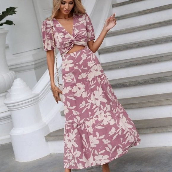 Dusty Pink Boho Womens Floral Print Twist Front Cut Out Ruffle Hem Dress - Picture 2 of 5